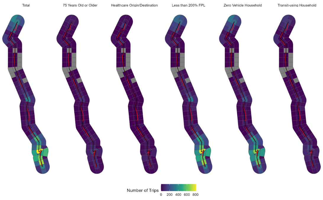 A collection of images depict the number of trips made within each cell for BAT Route 12. The image shows values for the total number of trips, older people, people who make healthcare trips, lower income people, people living in zero vehicle households, and people living in transit-using households.